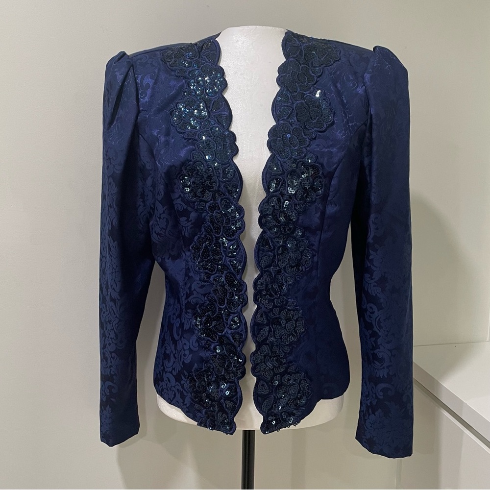 Vintage Scott McClintock Navy Blue Damask Sequin Evening Jacket Special Occasion